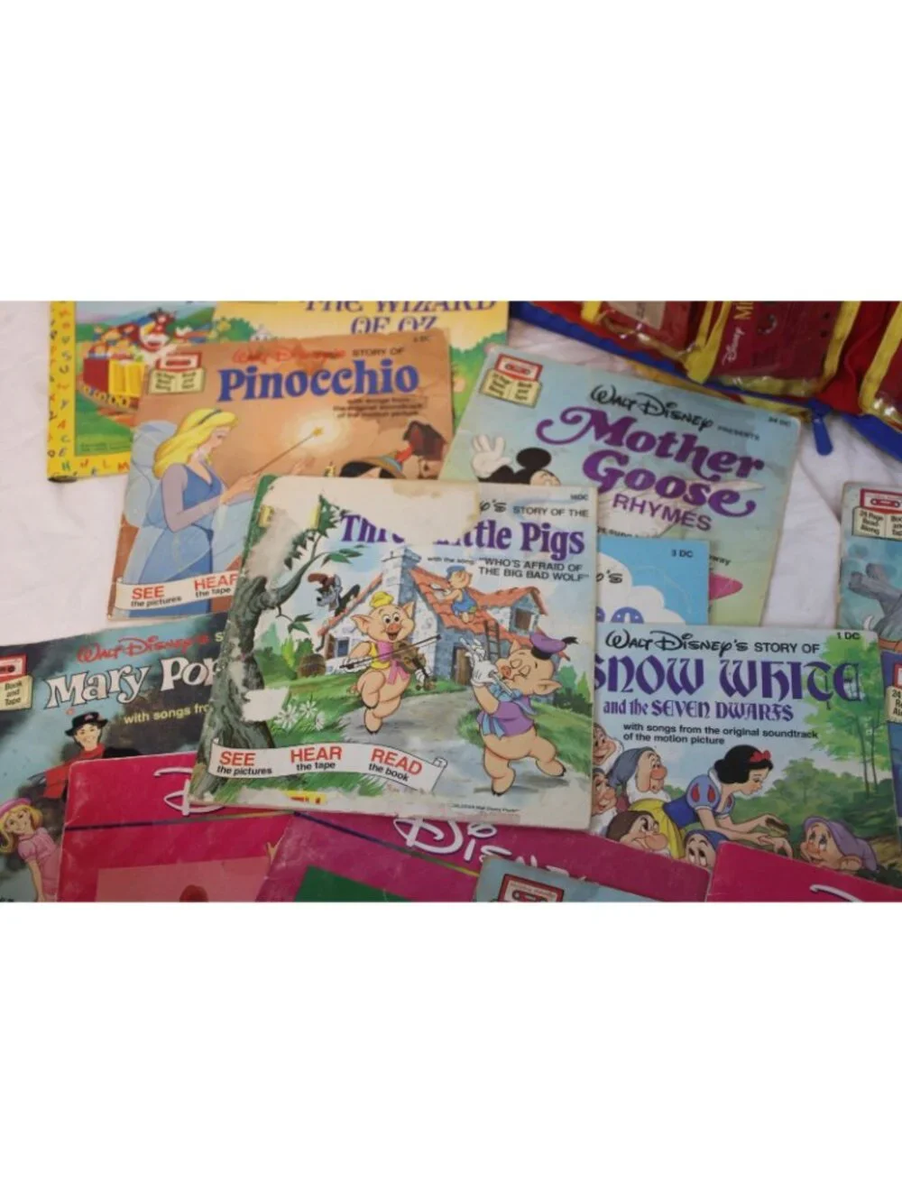 VTG Disney 20 Books 12 Cassettes Read-a-Long Tote 80s 90s Ariel Wizard Oz Little